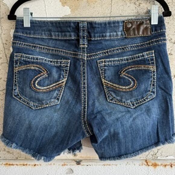 Y2K Western Mid Rise Cutoff Denim Shorts Raw Hem Medium Wash Silver - Picture 6 of 12